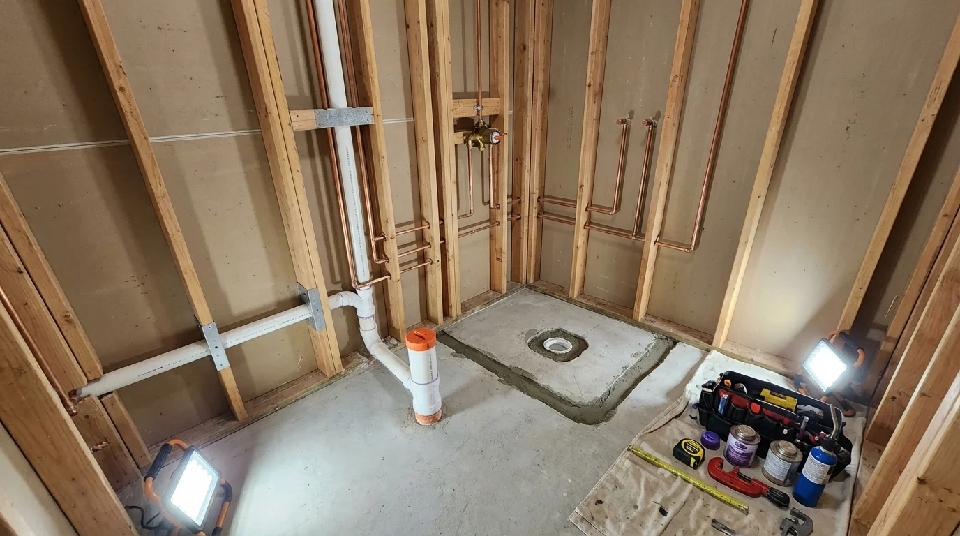 Bathroom rough-in plumbing during remodel by Johns Plumbing LLC in Adams