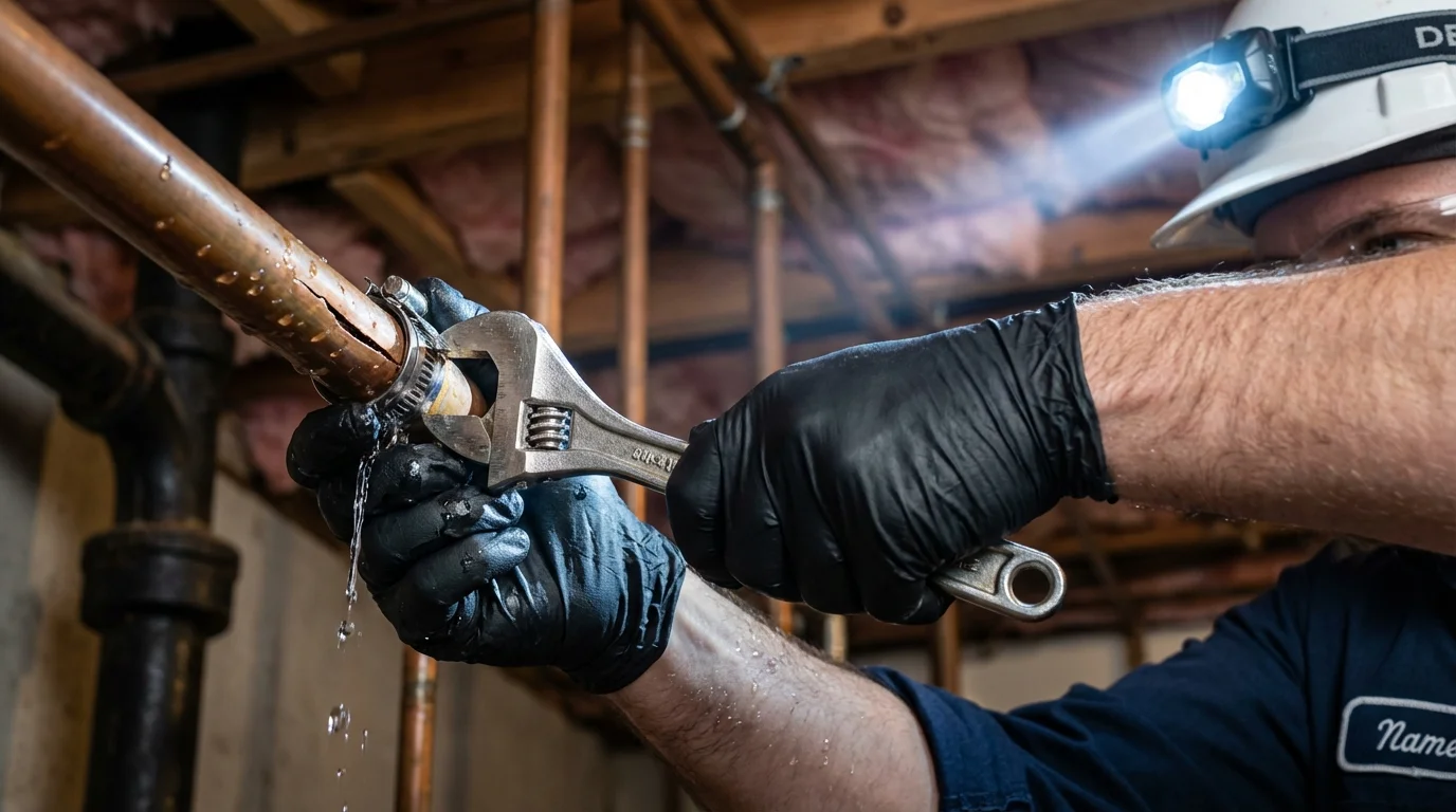 Emergency pipe clamp repair being performed by a Johns Plumbing LLC plumber in Adams
