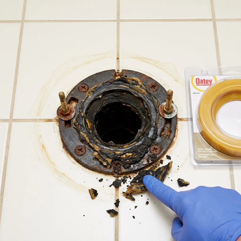 Failed wax ring showing water seepage at the base of a toilet in a Adams, WI home
